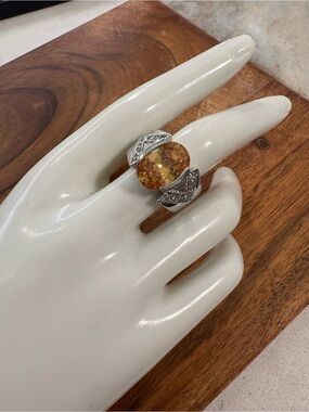 18K Gold Electroplated Ring with Large Amber Colored Stone - Size 8